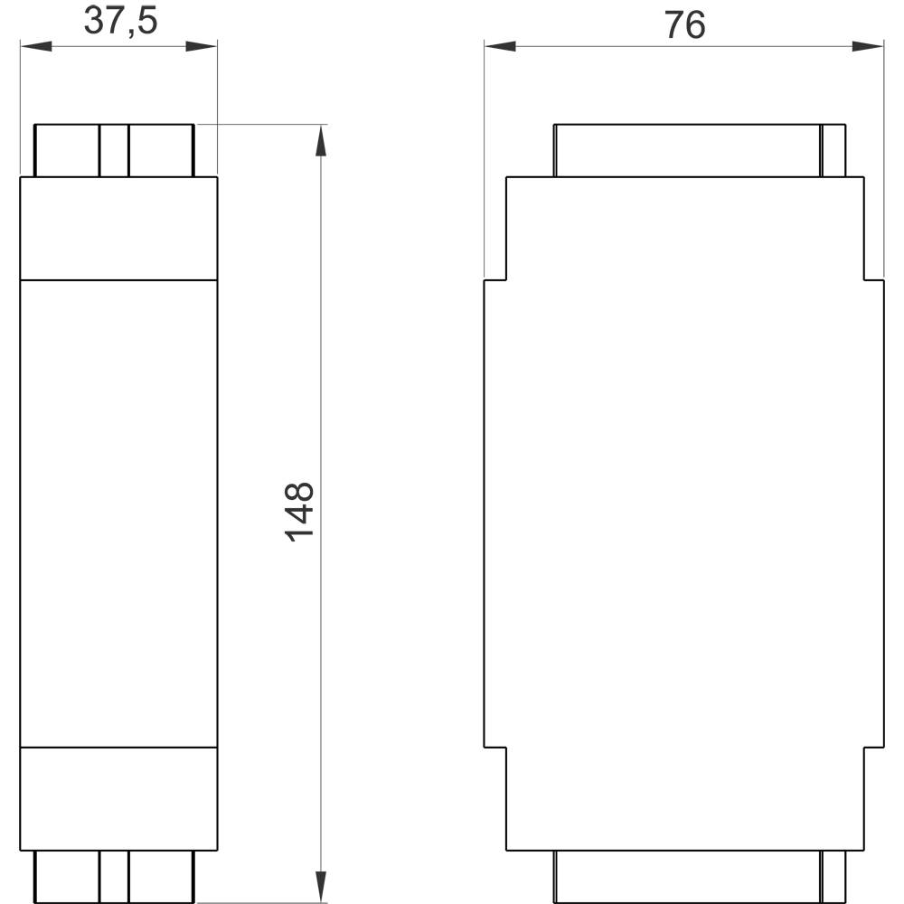 Teknisk tegning af et rektangulært hus med dimensionerne 37,5 mm bredde, 148 mm højde, 76 mm dybde, set fra venstre side.