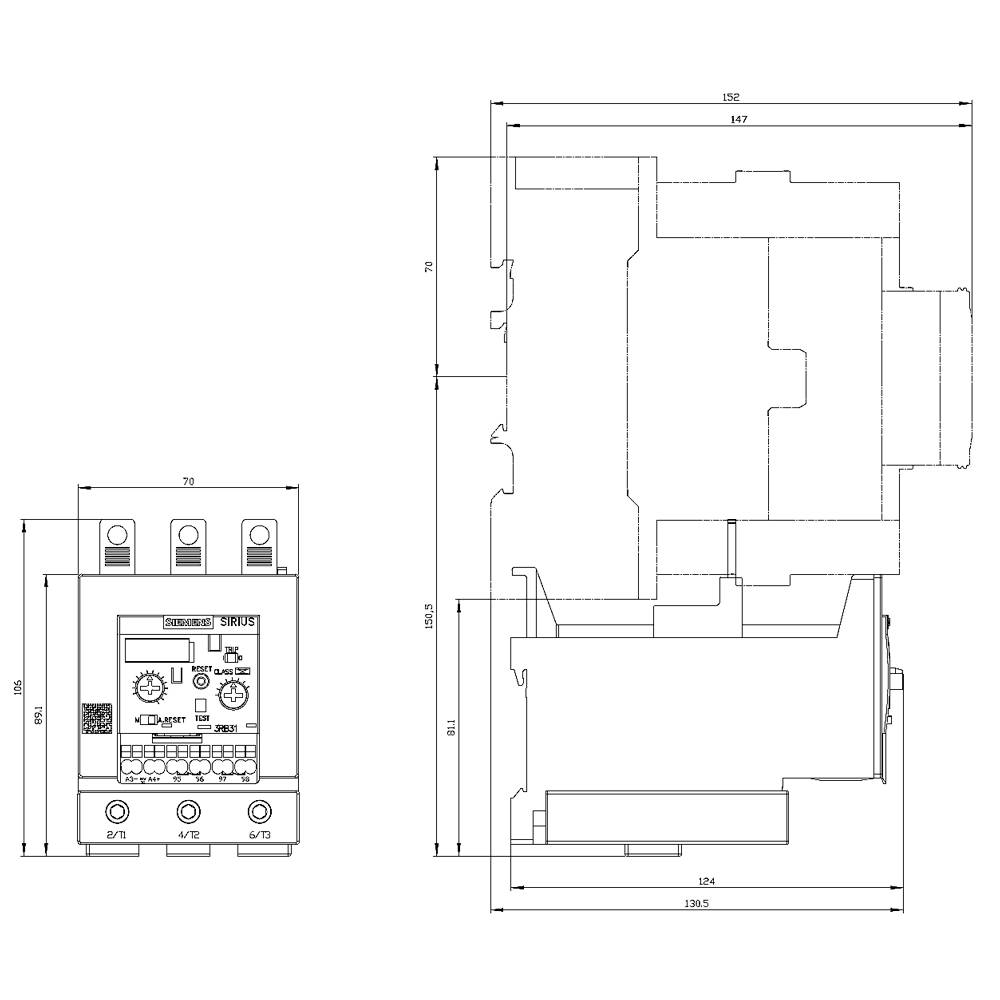 Teknisk tegning af en afbryder med elektriske tilslutninger og kapseldimensioner. På venstre side er frontpanelet vist, på højre side en sidevisning med detaljerede mål.