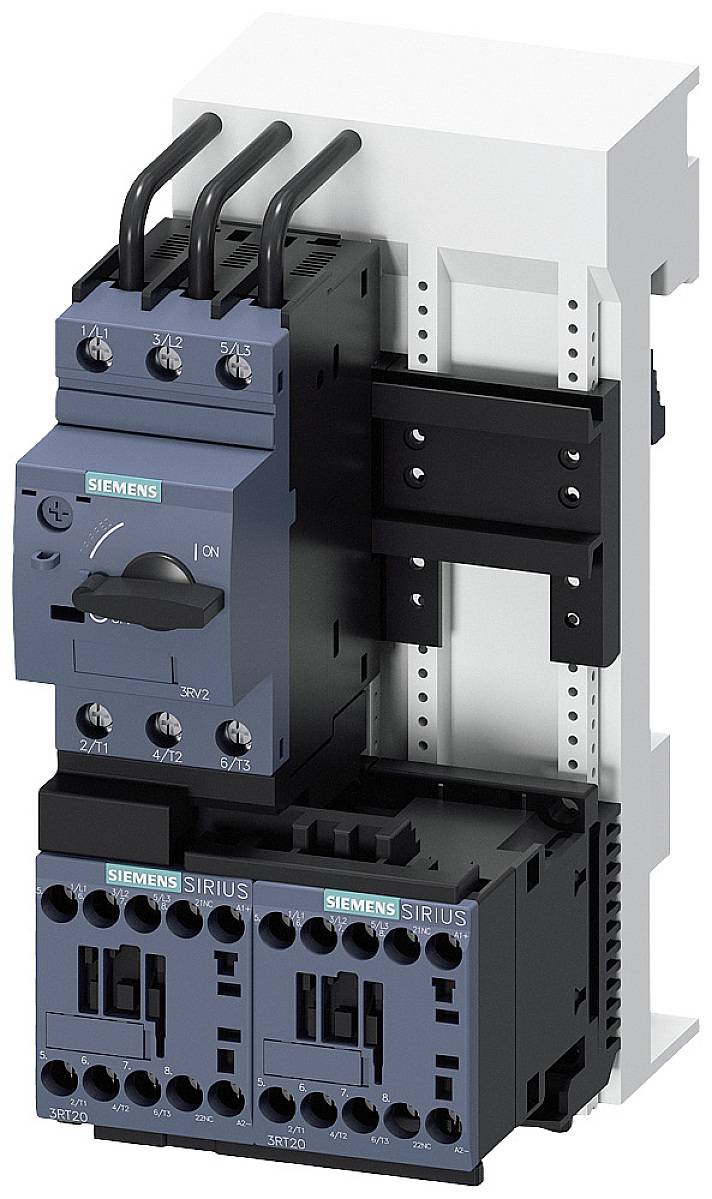 Et elektrisk koblingsenhed med flere tilslutninger, kontakter og Siemens-logo, monteret på en hvid plade.