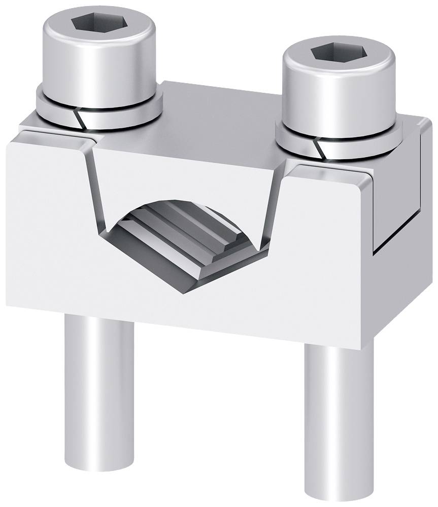 En sølvfarvet metalforbinder med to skruer og riflet indvendig side, egnet til forbindelse af metalstænger eller -lister.