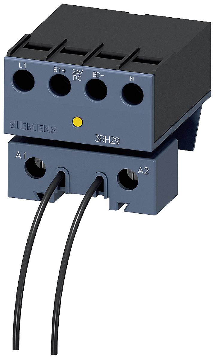 En elektrisk komponent fra Siemens, sandsynligvis et relæ eller kontaktor, med flere tilslutninger og to sorte kabler i fronten.