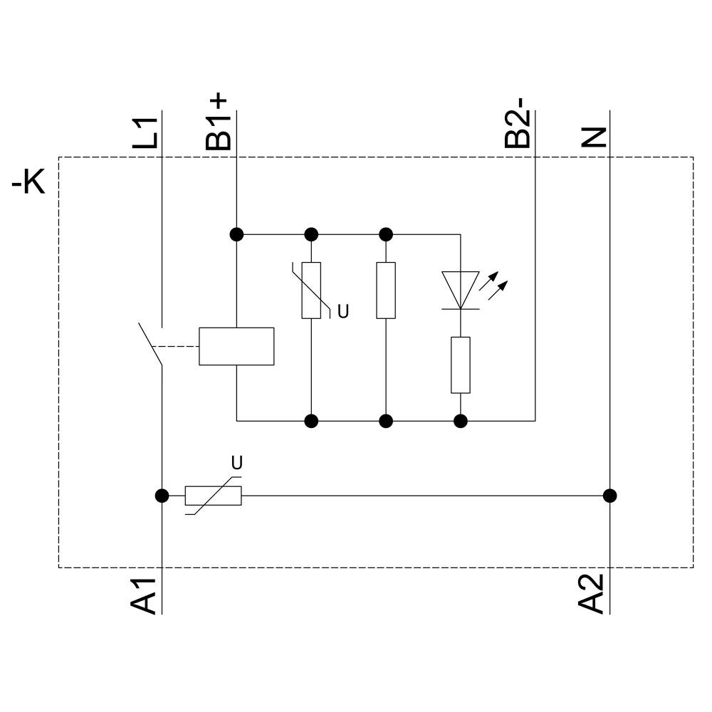 Kredsløbsdiagram med modstande, dioder og forbindelser, markeret med klemmer L1, B1+, B2-, N, A1, A2; beskriver et elektronisk kredsløb.