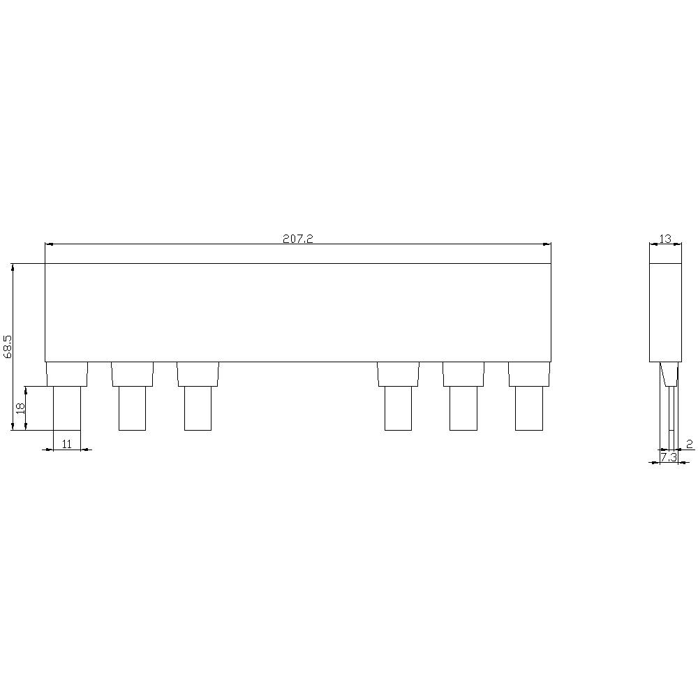 Teknisk tegning af et rektangulært objekt med flere vertikale tilslutninger. Mål: 207,2 mm x 45,5 mm. Top- og sideview.