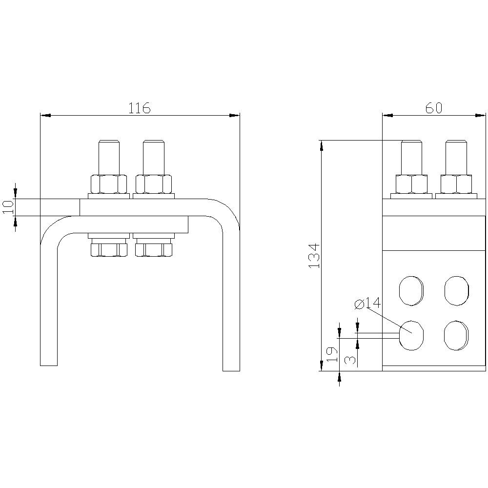 Teknisk tegning af en metalspænde med to bolte og flere borede huller. Mål: 116x60 mm, højde 134 mm.