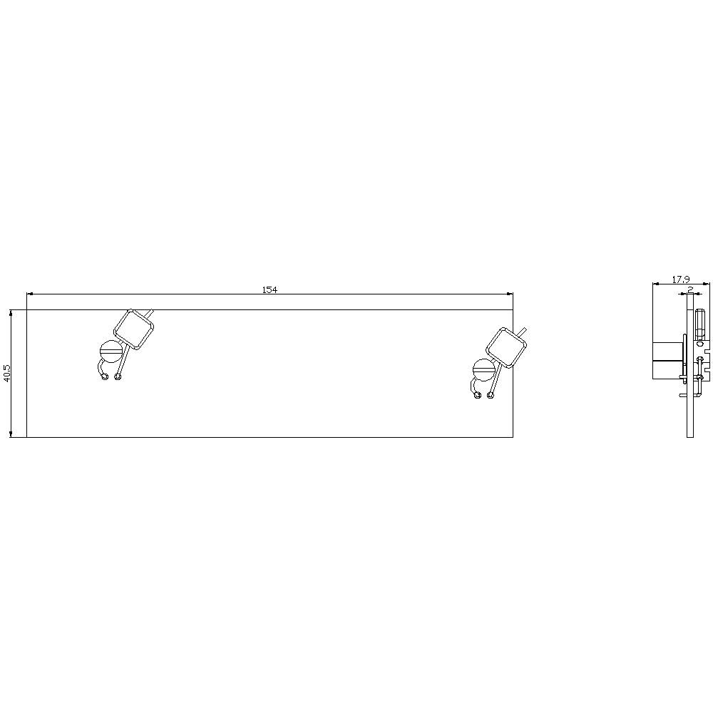 Teknisk tegning af et rektangulært bord med to polstrede stole ved enderne viser dimensioner: 154 cm længde, 52,4 cm bredde, 17,9 cm stolehøjde.
