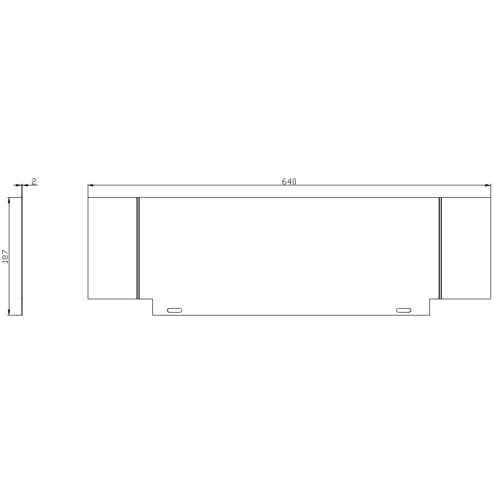 Teknisk tegning af et rektangulært objekt med dimensionerne 640 mm bredde og 187 mm højde.