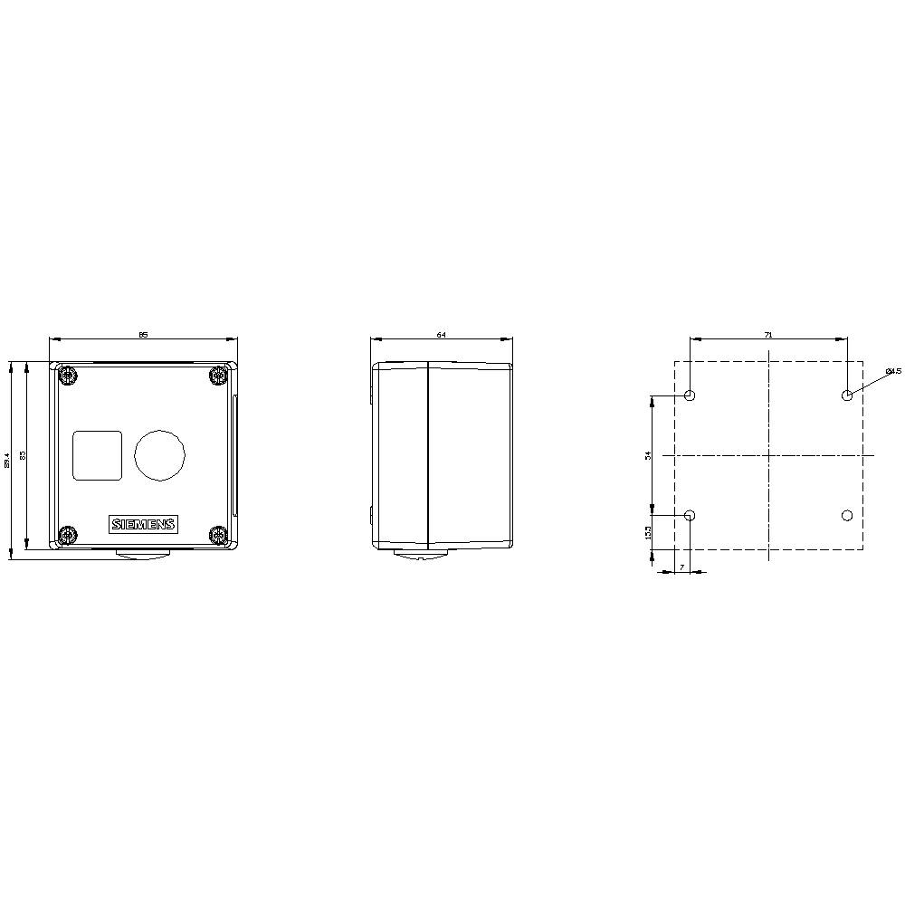Teknisk tegning af et rektangulært hus med front- og sidevisning, viser dimensioner i millimeter og borehulspositioner.