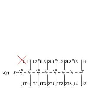 'Q1' viser et kredsløbsdiagram med forskellige kontakter, nummereret fra 1L1 til 2T3, med et rødt X over 1L1, hvilket indikerer en afbrydelse.