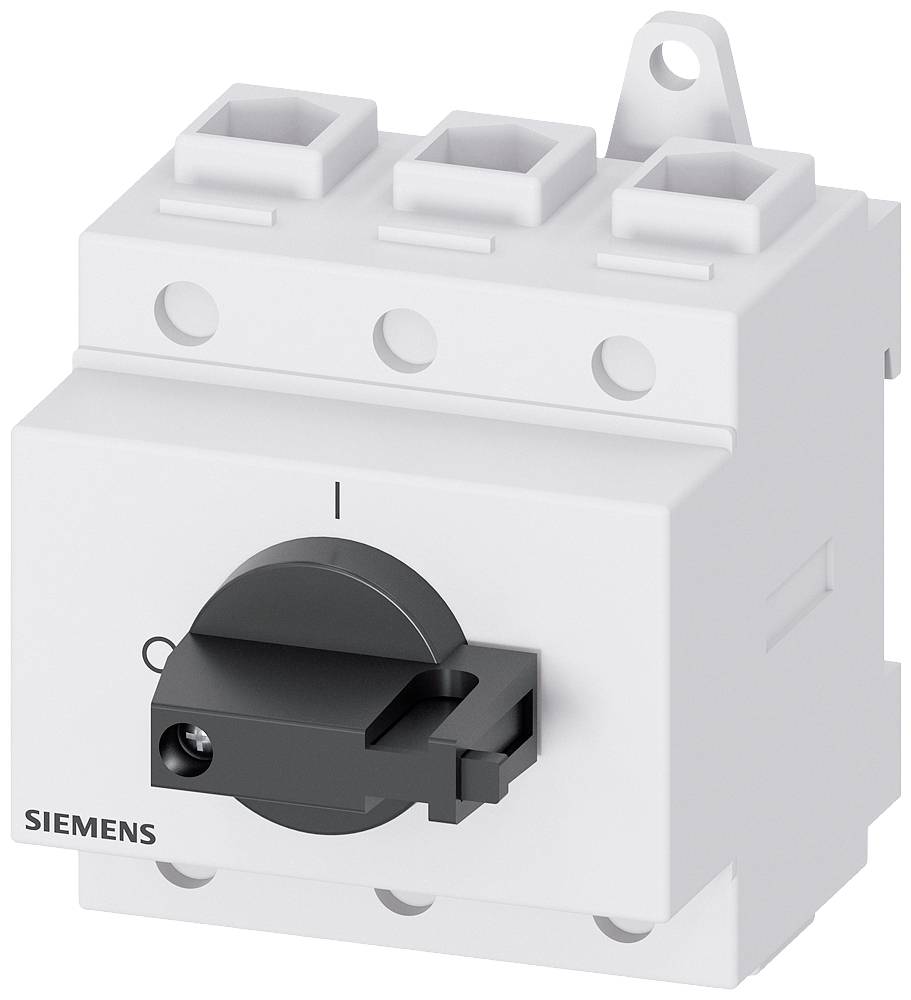 En elektrisk hovedafbryder fra Siemens med et sort dregehåndtag, monteret på et hvidt kabinet.