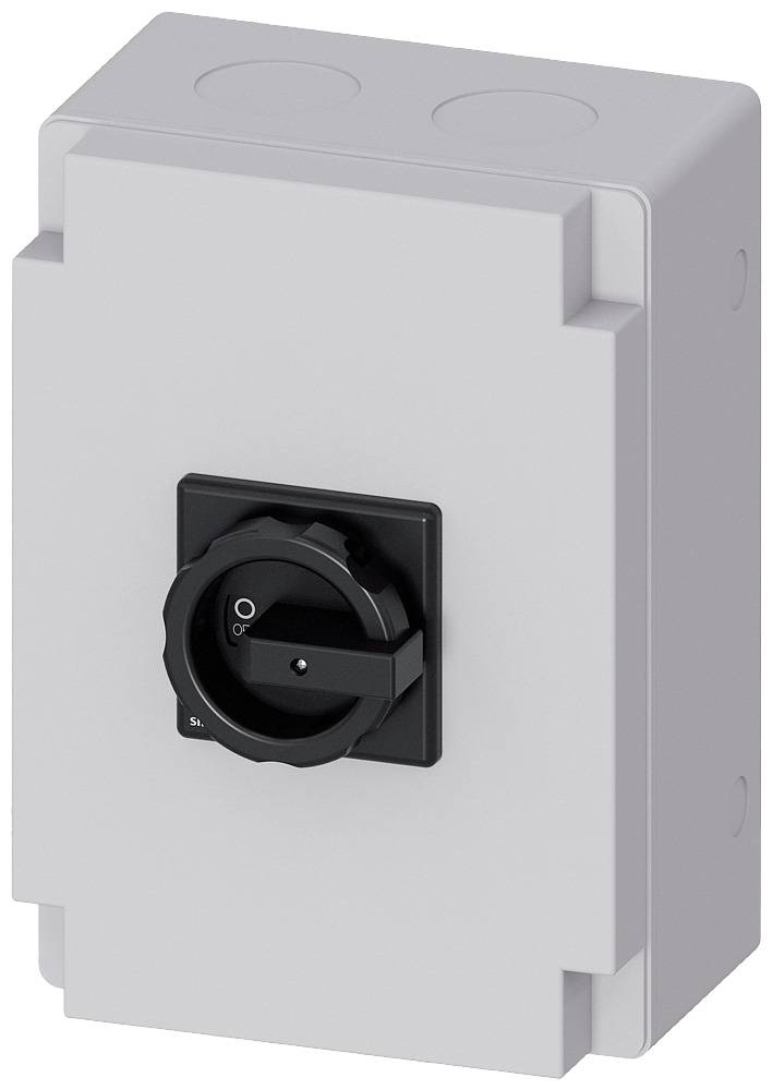 Elektrisk kontrolpanel med en sort drejekontakt i midten, omgivet af et grå kabinet.