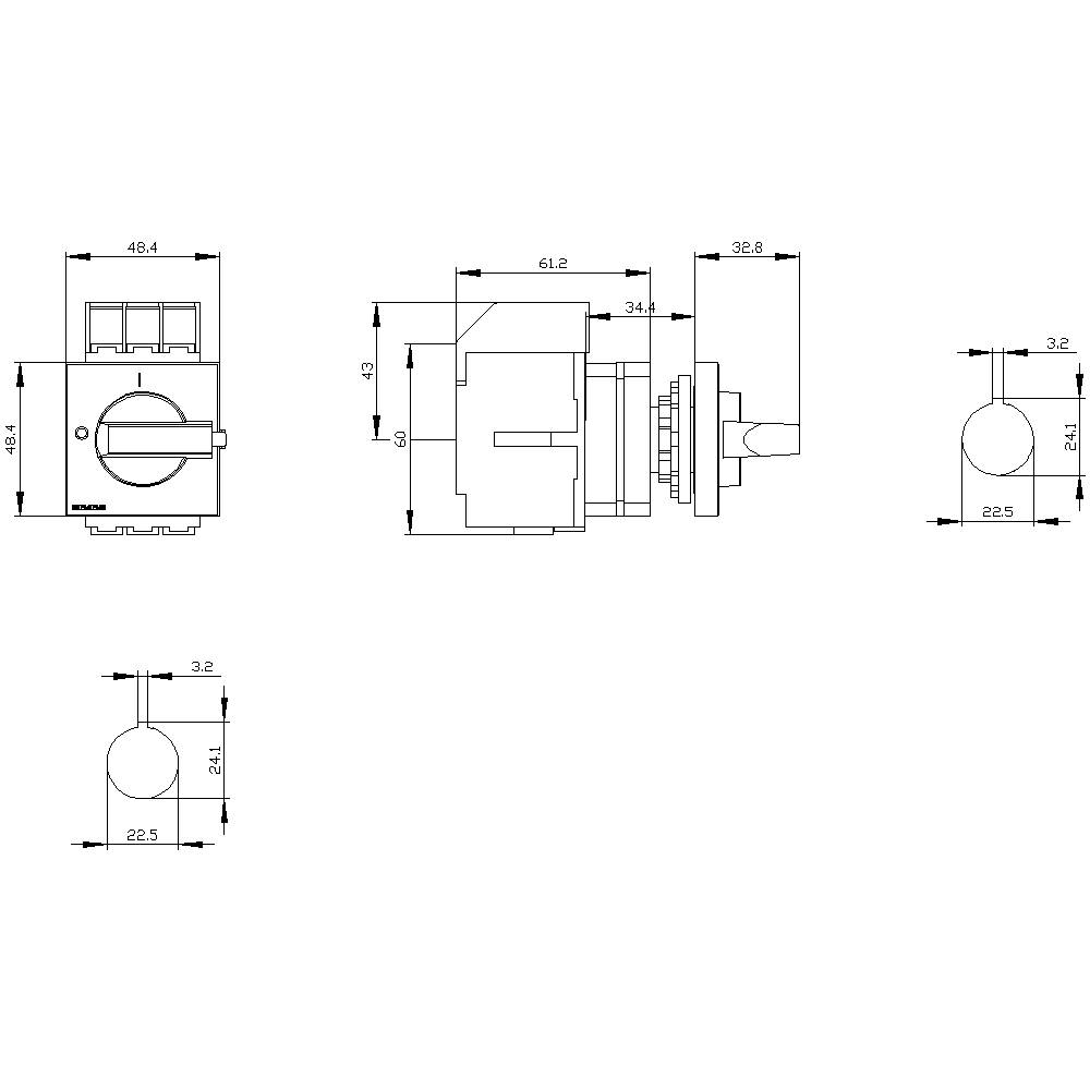 Teknisk tegning af en kontakt med dimensioner i millimeter, som viser for-, side- og topview inklusive kontaktpositioner.