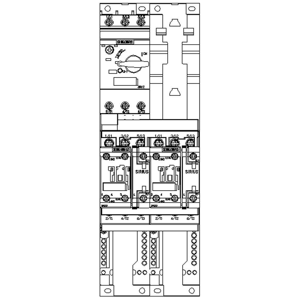Kredsløbsdiagram for en elektrisk afbryder med flere tilslutninger og mærkninger. Viser konfigurationen og forbindelserne.