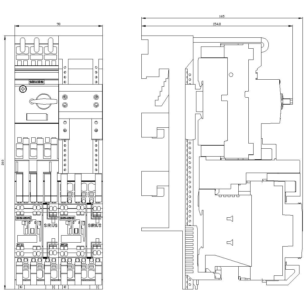 Teknisk tegning af en elektrisk tavle, med detaljerede komponentmarkeringer og mål i millimeter.