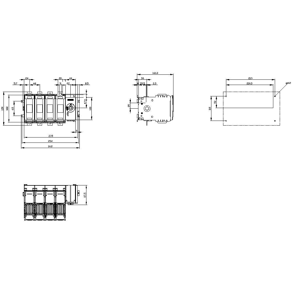 Principdiagram for en elektrisk enhed med fem kontakter og mærkninger. Dimensioner og tekniske detaljer er vist.