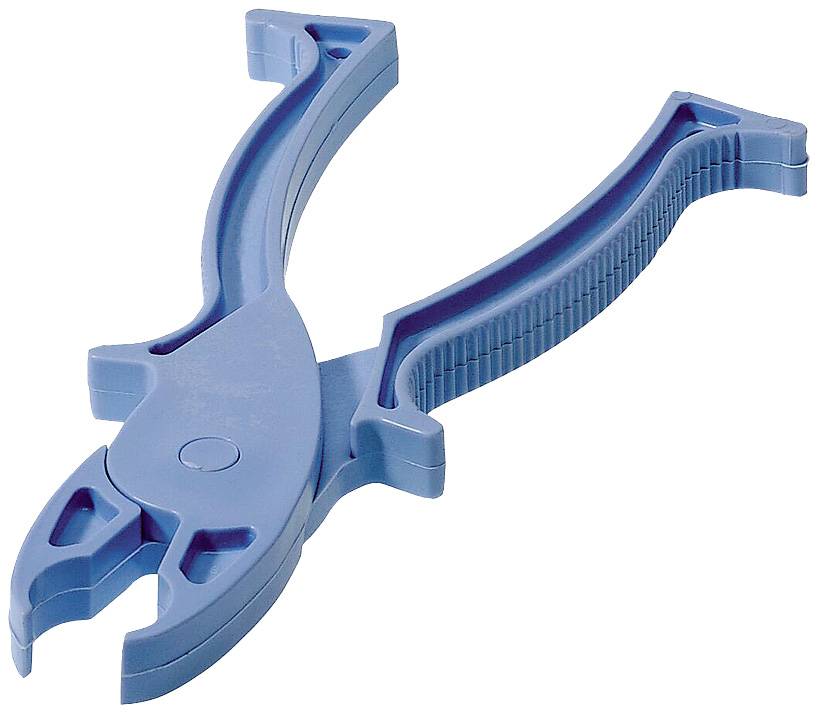 Blå plastiktang, multifunktionel, med takkede kæber og ergonomiske håndtag, velegnet til greb og klipning.