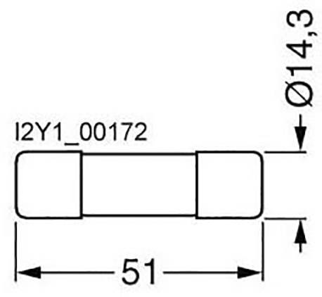 Teknisk tegning af et cylindrisk objekt, længde 51 mm, diameter 14,3 mm, mærket 'I2Y1_00172'.