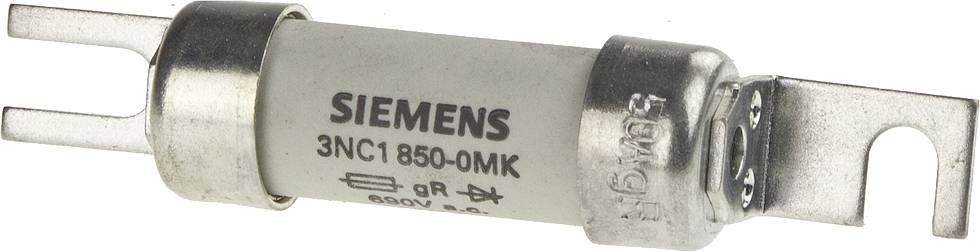 En cylindrisk sikring fra Siemens, model 3NC1 850-0MK, med metaliske endekapper, specificeret til 690V og 3A.