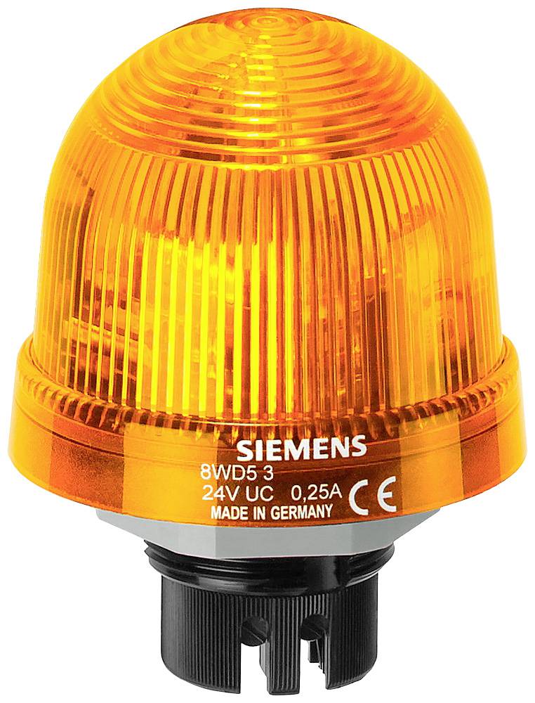 En orange advarselslampe med påskriften 'SIEMENS', 24V UC, 0,25A, 'MADE IN GERMANY'.