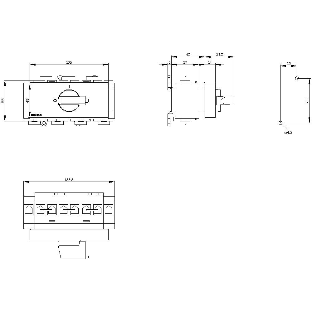Teknisk tegning af en todimensionel kontakt med dimensioner i millimeter. Viser front-, side- og oversigtsvisning.
