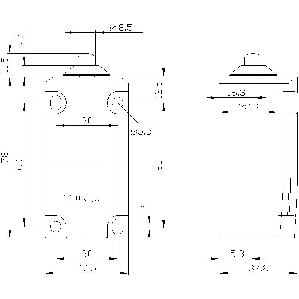 Teknisk tegning af en rektangulær komponent med mål angivet i millimeter. Viser front- og sidevisning med specifikke dimensioner.