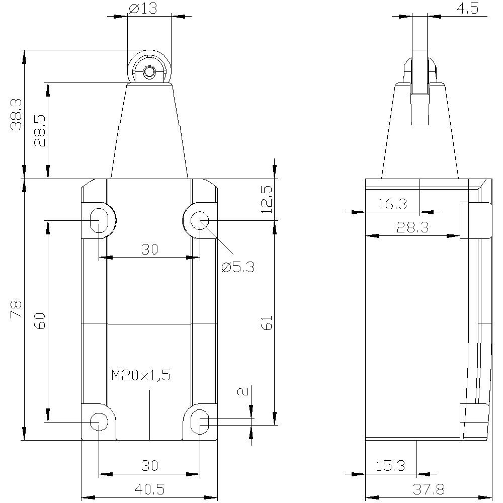Teknisk tegning af en mekanisk komponent med mål i millimeter, frontal og sideview, detaljeret dimensionering.