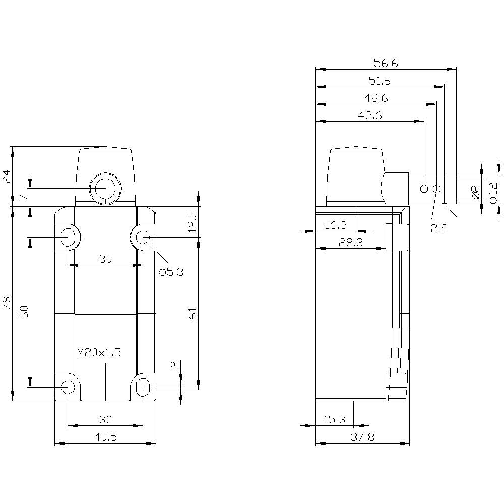 Teknisk tegning af en cylindrisk sensor, viser front- og sidevisning med nøjagtige mål i millimeter.