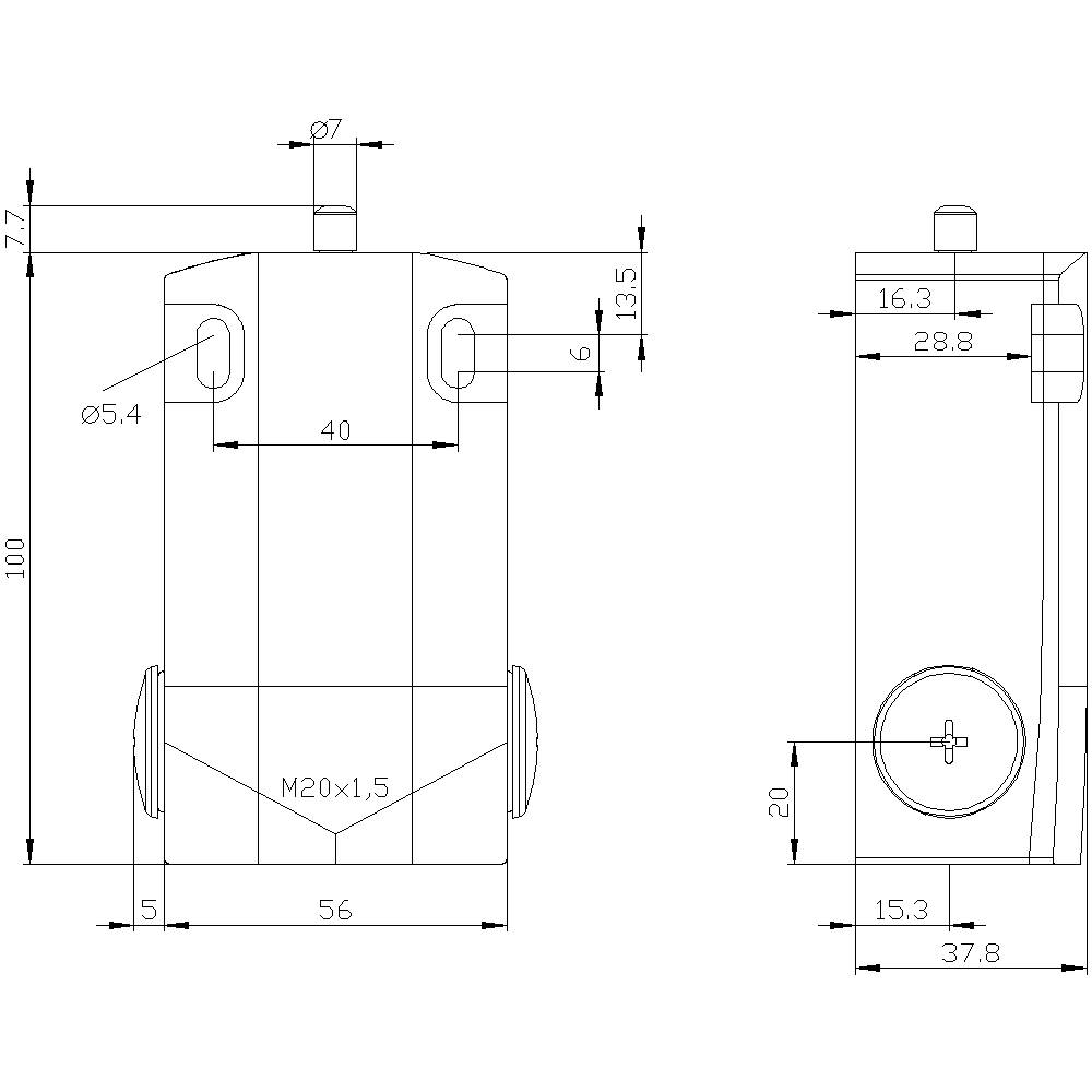 Teknisk tegning af en cylindrisk komponent med dimensioner: Højde 100 mm, bredde 56 mm, forskellige diametre og gevindmål.