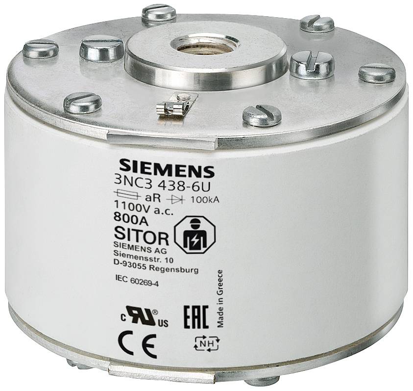 Rund, metallic højydelsessikring fra Siemens, model 3NC3 438-6U, 800A, til elektriske anvendelser, fremstillet i Grækenland.