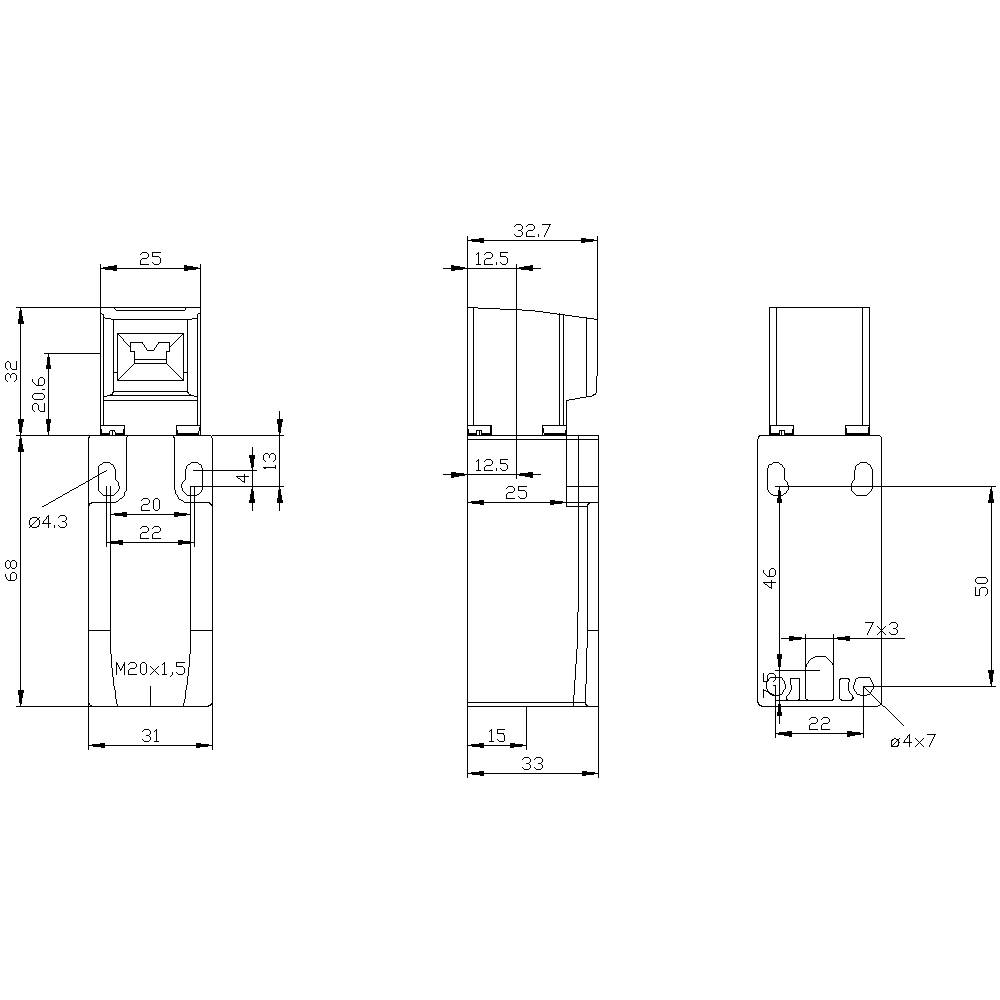 Teknisk tegning af en mekanisk komponent med dimensioner og detaljer. Viser for-, side- og topview med mål i mm.