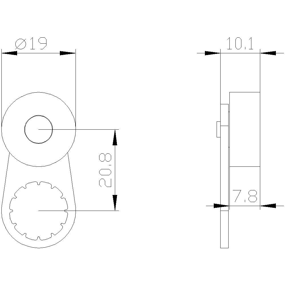 Teknisk tegning af en komponent med to visninger: Forfra viser længden 20,8 mm, boring Ø19 mm; Fra siden viser tykkelsen 10,1 mm, detalje på 7,8 mm.