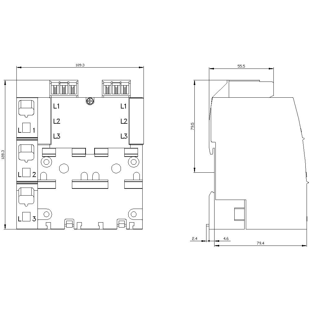 Teknisk tegning af en elektrisk enhed med dimensioner og tilslutninger. For- og sidevisning viser detaljer om konstruktionen.