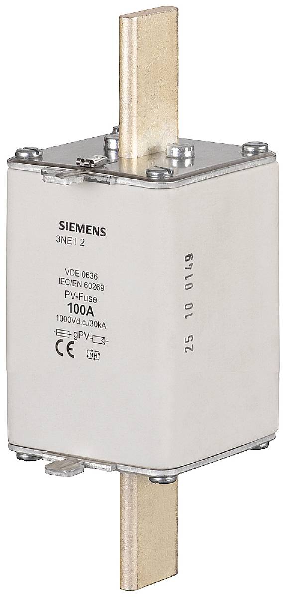 Sikringsindsats fra Siemens til fotovoltaiske anlæg med 100A nominel strøm, egnet til jævnspænding op til 1000V.