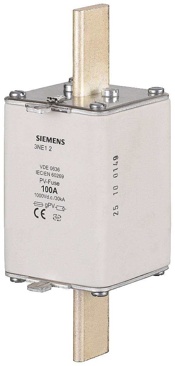 En hvid elektrisk sikring med metalcontakter og påskriften 'Siemens 100A'. Egnet til solcelleanlæg.