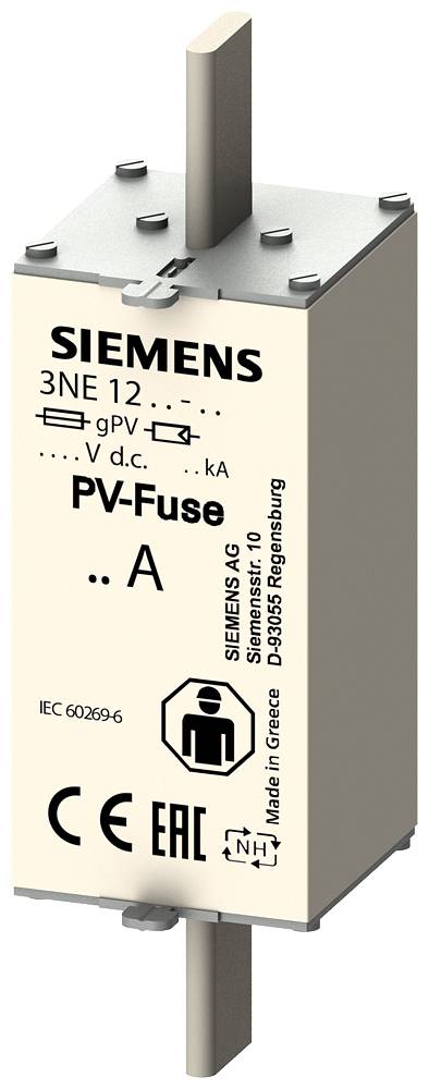 En Siemens PV-sikring (3NE 12), egnet til fotovoltaiske jævnstrømsapplikationer, med CE- og EAC-mærkninger.
