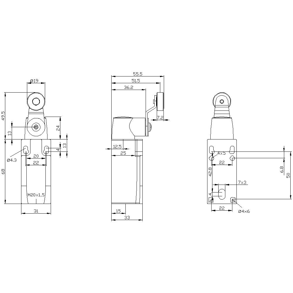 Teknisk tegning af et metalgreb: Tre visninger viser dimensioner og mål i millimeter. Side-, for- og topvisning.