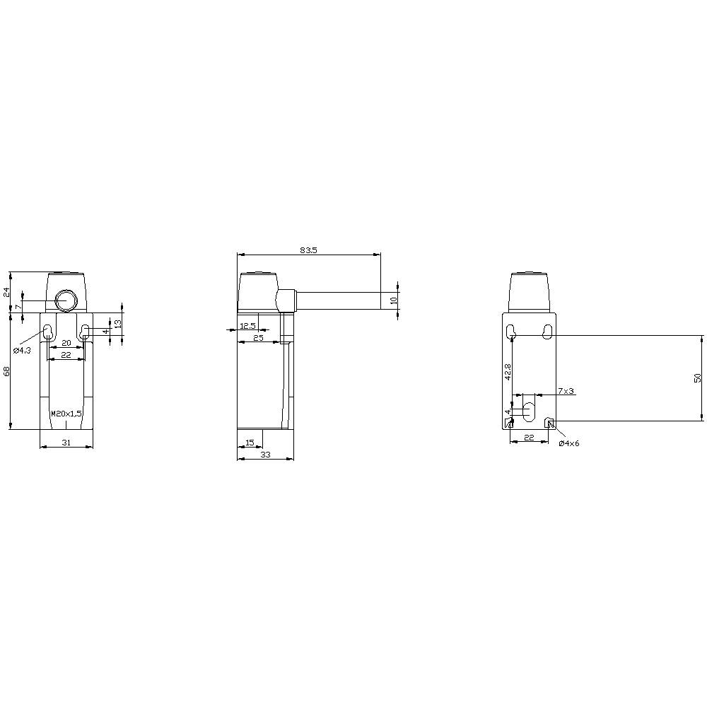 Teknisk tegning af en mekanisk komponent med præcise dimensioner i millimeter. Fremstillingen viser for-, side- og topvisning.
