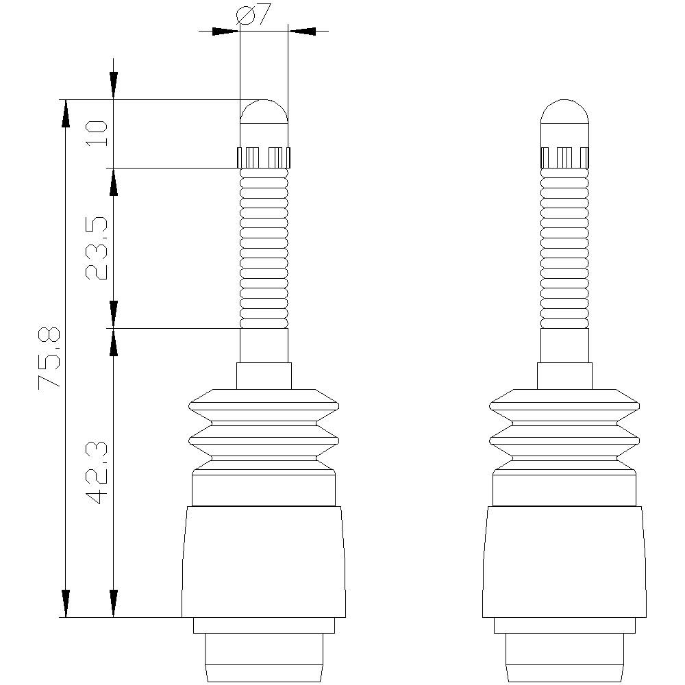 Teknisk tegning af to bolte med mål: Samlet længde 75,8 mm, længdeangivelser 10 mm og 23,5 mm; diameter Ø 7 mm.
