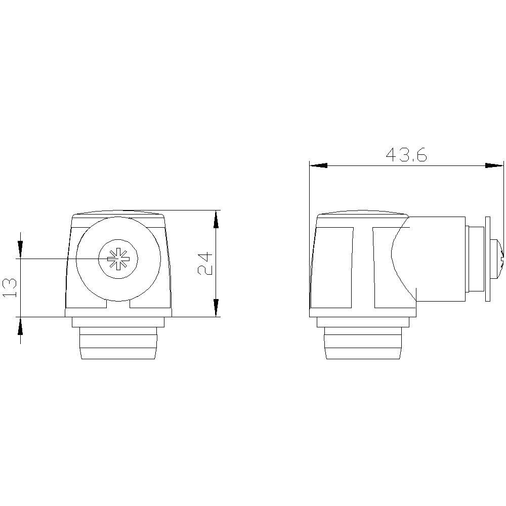 Teknisk tegning af et vinkelformet fitting. Mål: Bredde 43,6 mm, højde 24 mm, anden højde 13 mm. Viser side- og frontvisning.