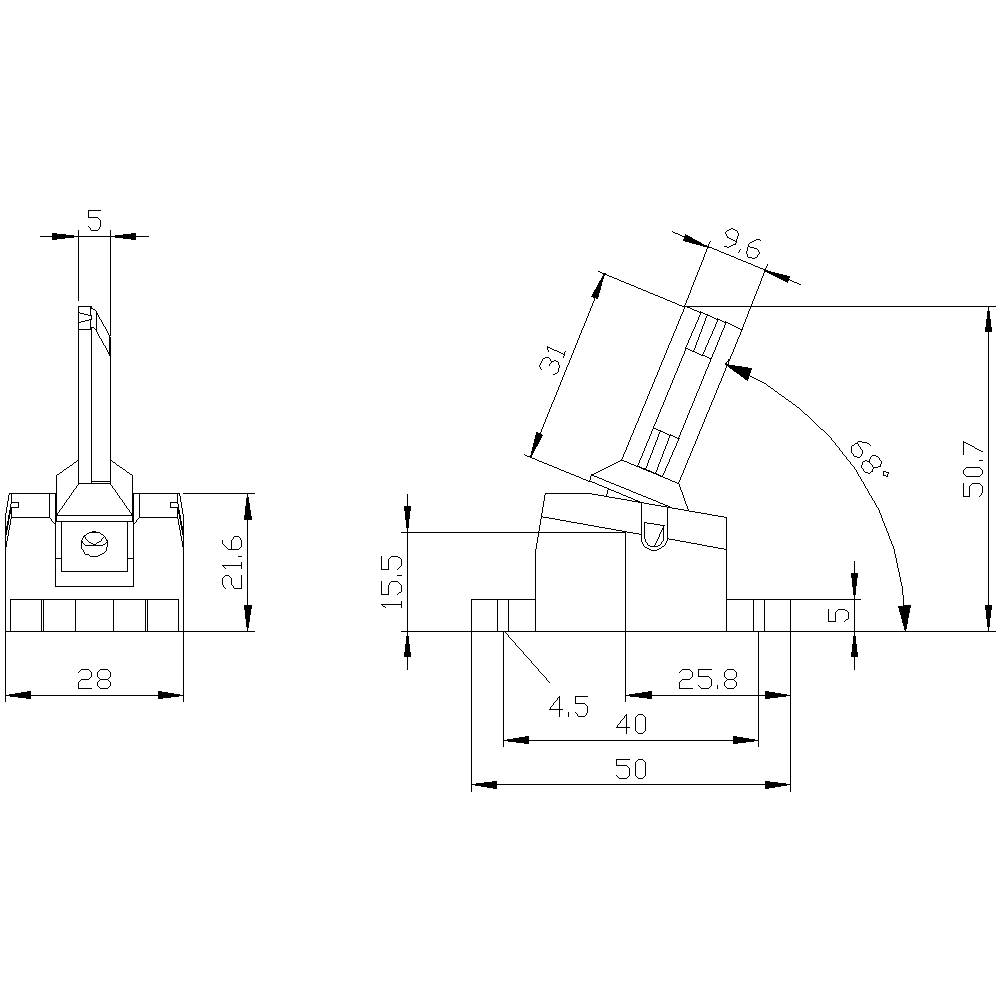 Teknisk tegning af en komponent med dimensioner. Viser 50 mm bredde, 50,7 mm højde, 68° vinkel, med specifikke afstande.