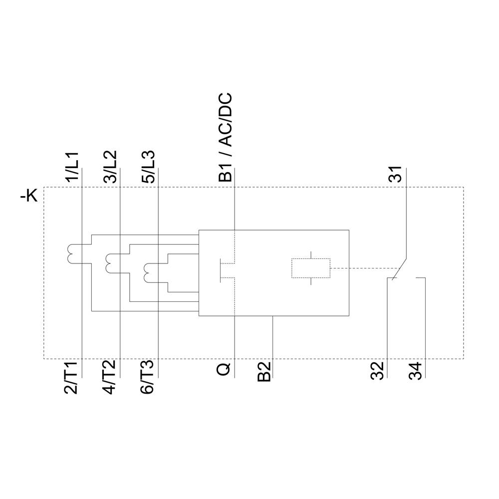 Skematisk diagram over en elektrisk enhed med tilslutninger som 1/L1, 3/L2, 5/L3, 2/T1, 4/T2, 6/T3, B1/AC/DC, B2, Q.