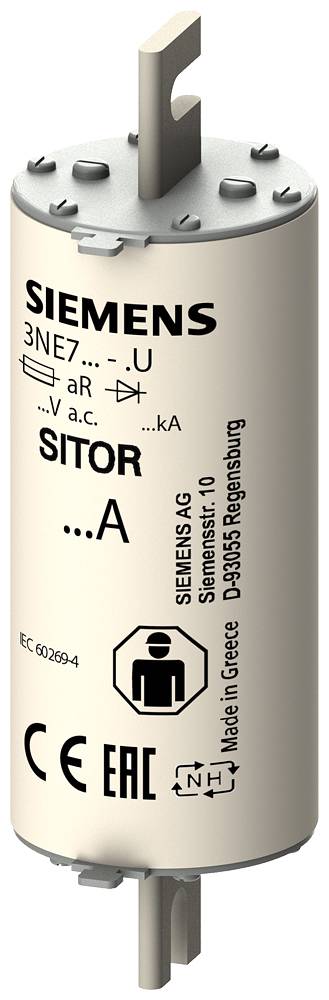 Sikring til Siemens-mærket, model SITOR, egnet til elektriske anvendelser. Tekst: 'Made in Greece', 'Regensburg', CE- og EAC-symboler.