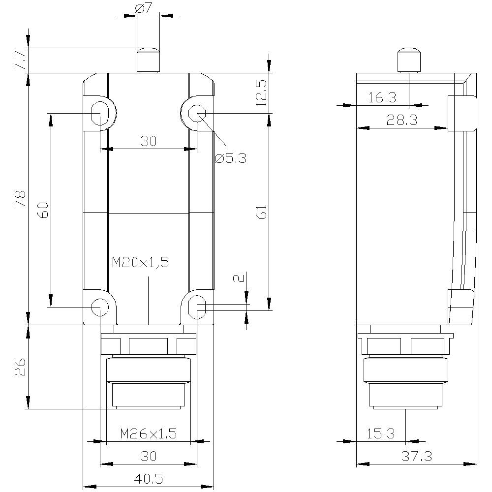 Bygningsplan for en cylindrisk del med nøjagtige dimensioner. Side- og forfra-visninger viser mål i millimeter.