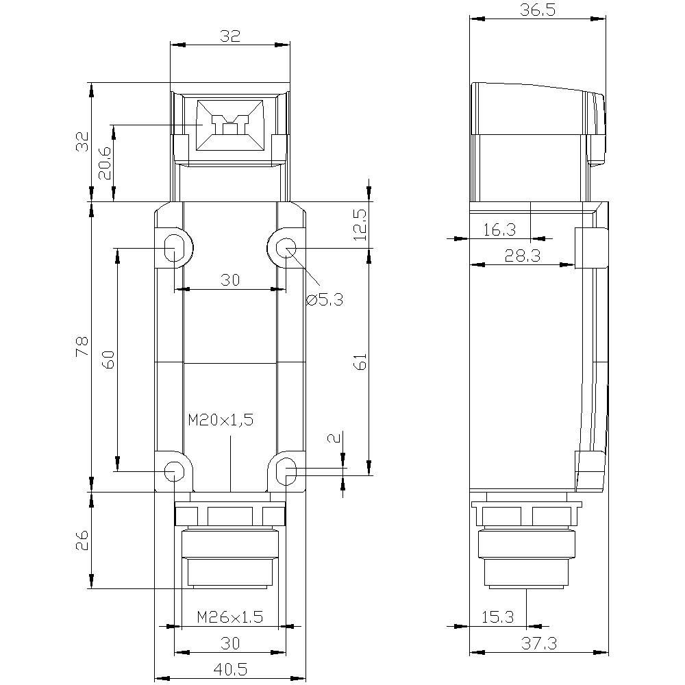 Teknisk tegning af en mekanisk komponent med flere dimensioner i millimeter. To visninger viser bredde, højde og boring afstande.