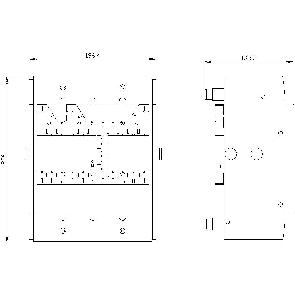 Teknisk tegning af et rektangulært apparat med dimensioner: Bredde 196,4 mm, højde 235 mm, dybde 138,7 mm. Fremstillet med for- og sidefacade.