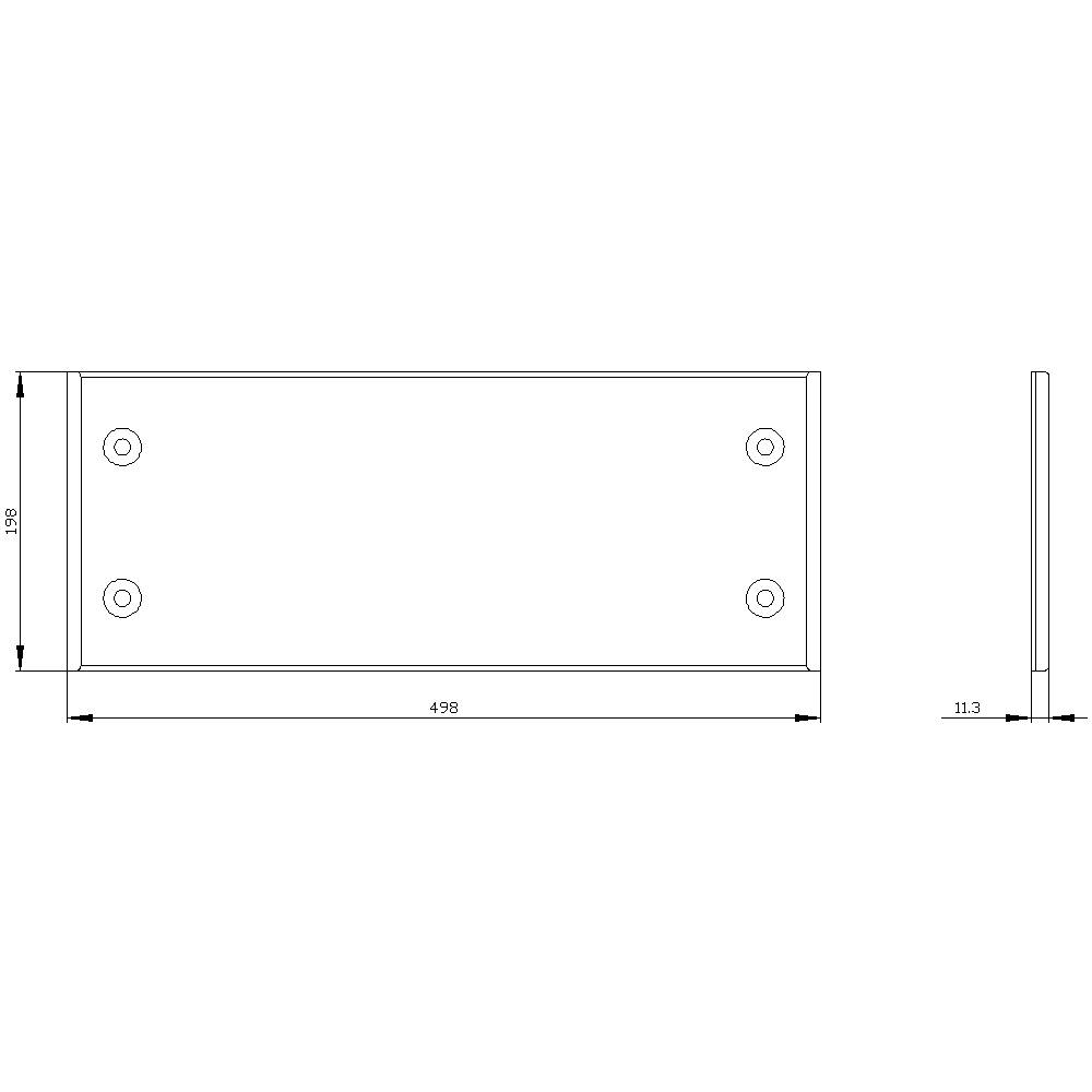 Teknisk tegning af et rektangulært metalemne med dimensioner: 498 mm længde, 130 mm bredde, 11,3 mm tykkelse, fire borede huller.