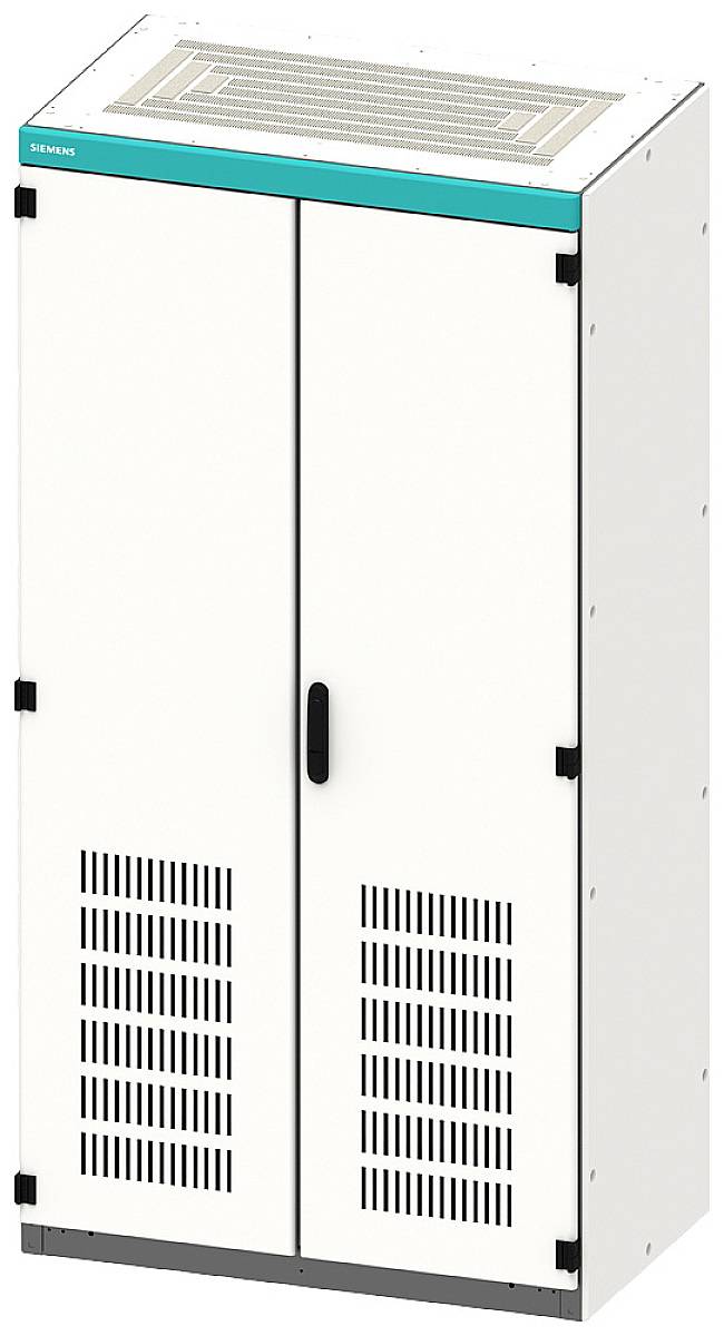 Et hvidt, stående elektronikcabinet med to døre og ventilationssprækker.