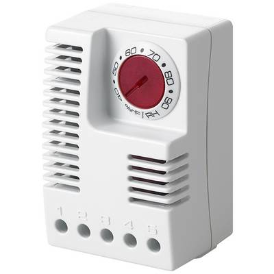 Hvidt termostatapparat med rød drejeknap, temperaturangivelser i grader Fahrenheit på en skala fra 50 til 90.