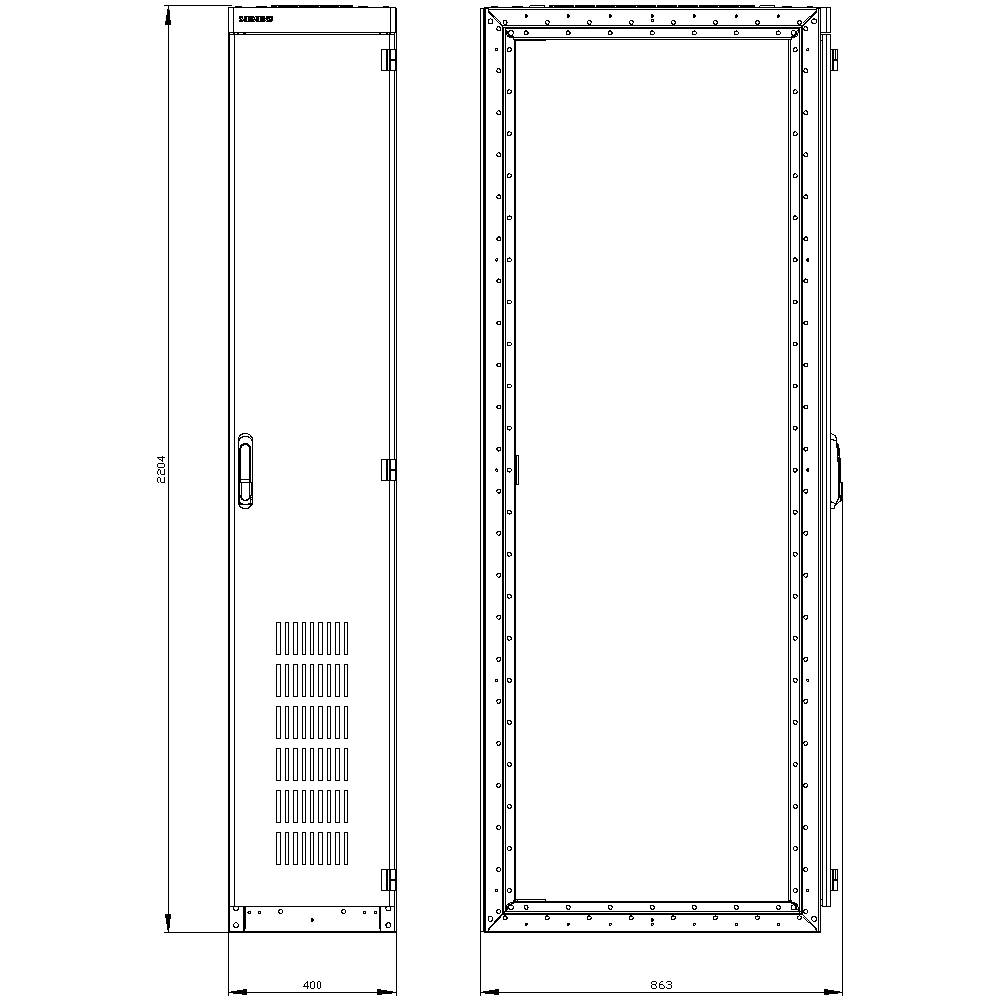 Teknisk tegning af et rektangulært skab med dimensioner: Højde 2000 mm, bredde 600 mm, dybde 600 mm. Frontvisning viser ventilationsåbninger.