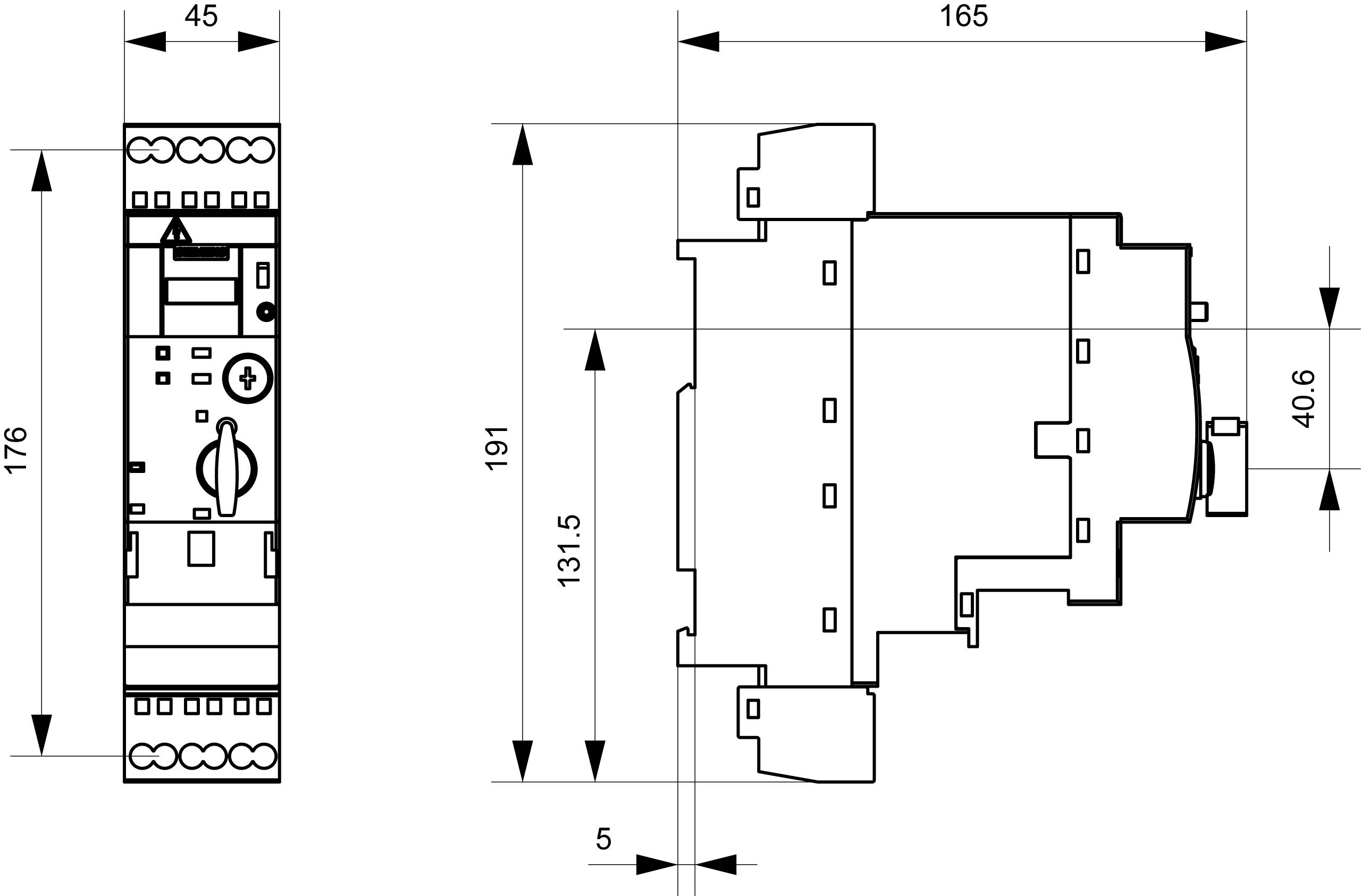Teknisk tegning af et multifunktions-effektrelæ i to visninger med dimensionsangivelser: Højde 176 mm, bredde 45 mm.
