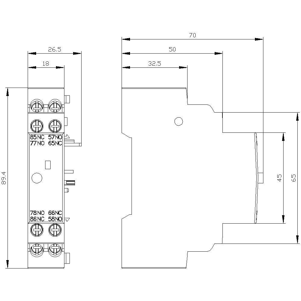 Teknisk tegning af en elektrisk relæ med dimensioner. Viser front- og sidevisning. Måleenheder i millimeter.